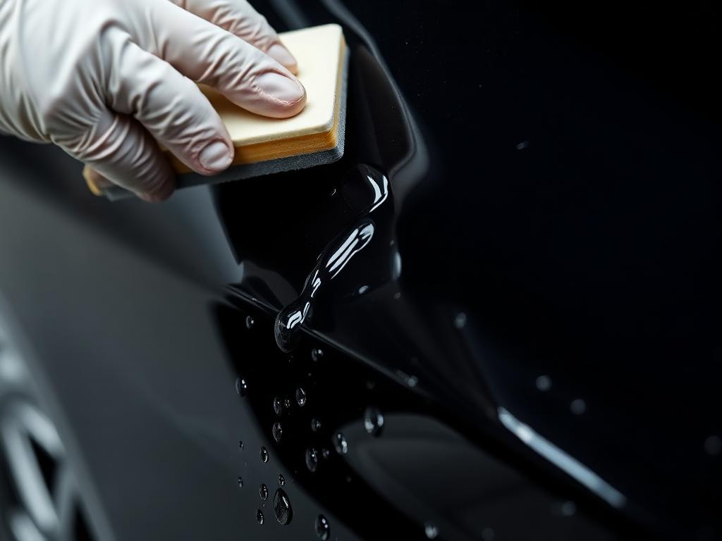 Ceramic coating being applied to a glossy black car panel with an applicator