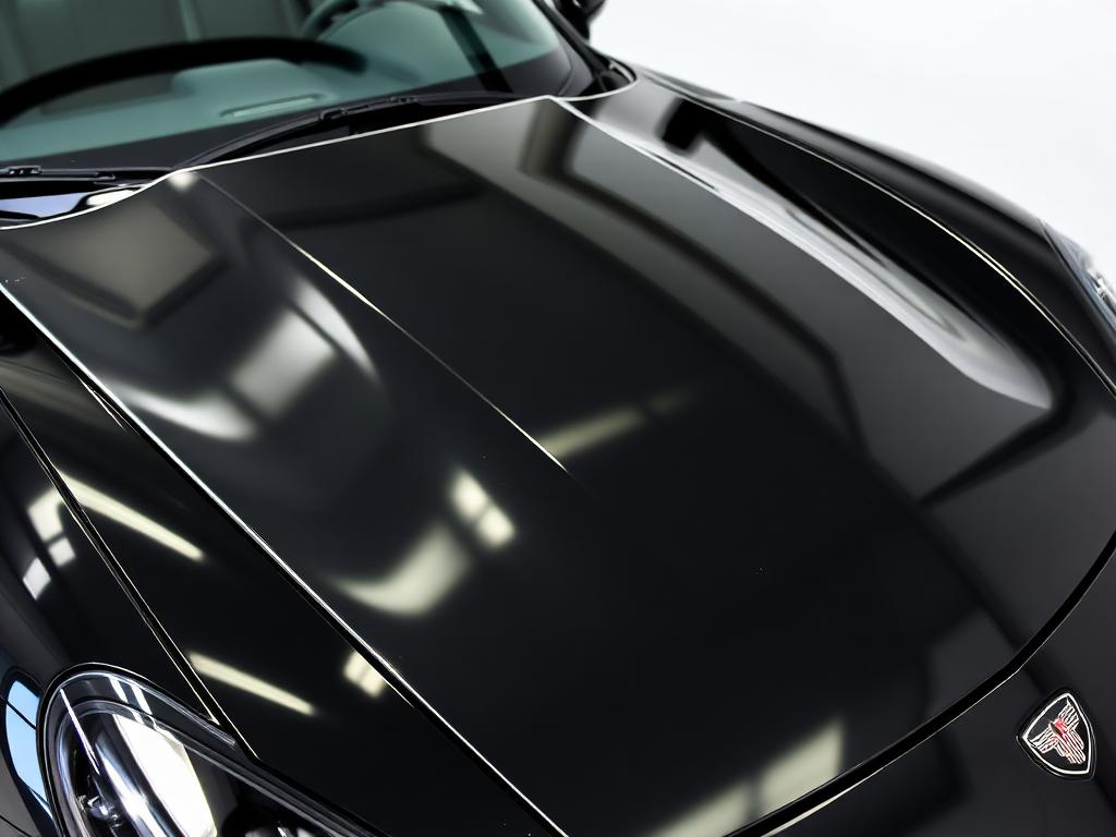Clear paint protection film being applied to the hood of a black sports car