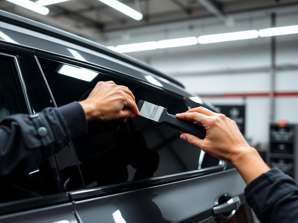 Technician applying dark window tint film to a luxury SUV door glass