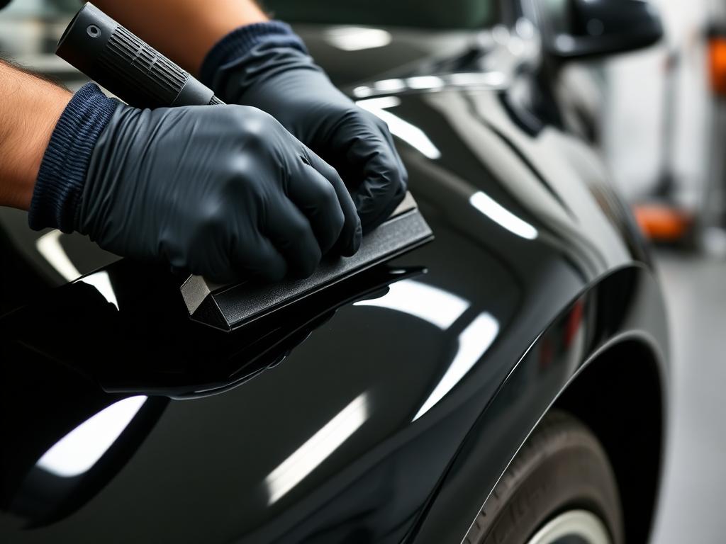 Installer squeegeeing gloss black vinyl wrap onto a car fender