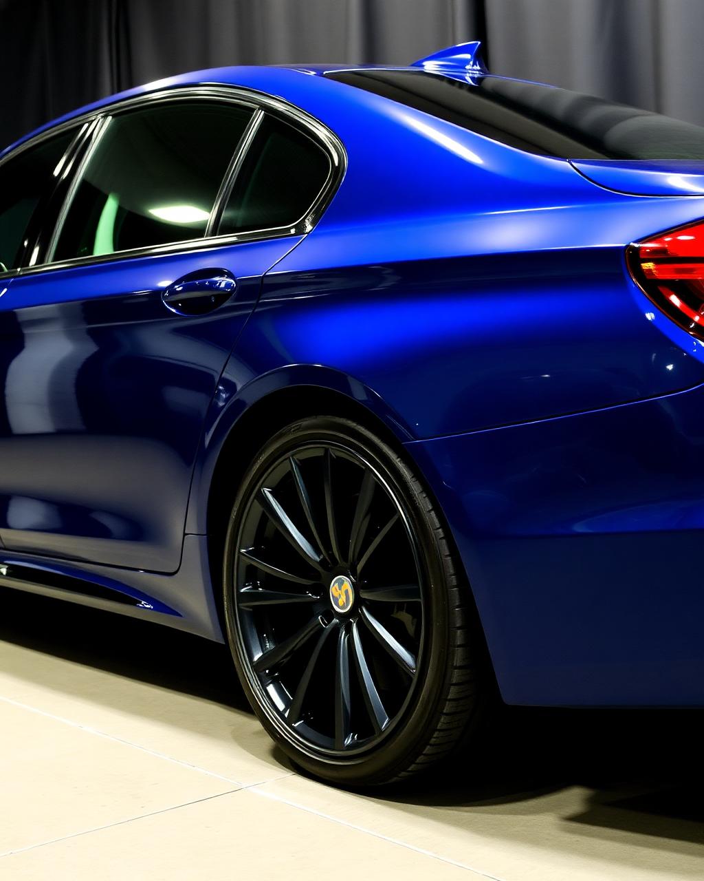 Deep blue sedan with fresh ceramic tint and ceramic coating