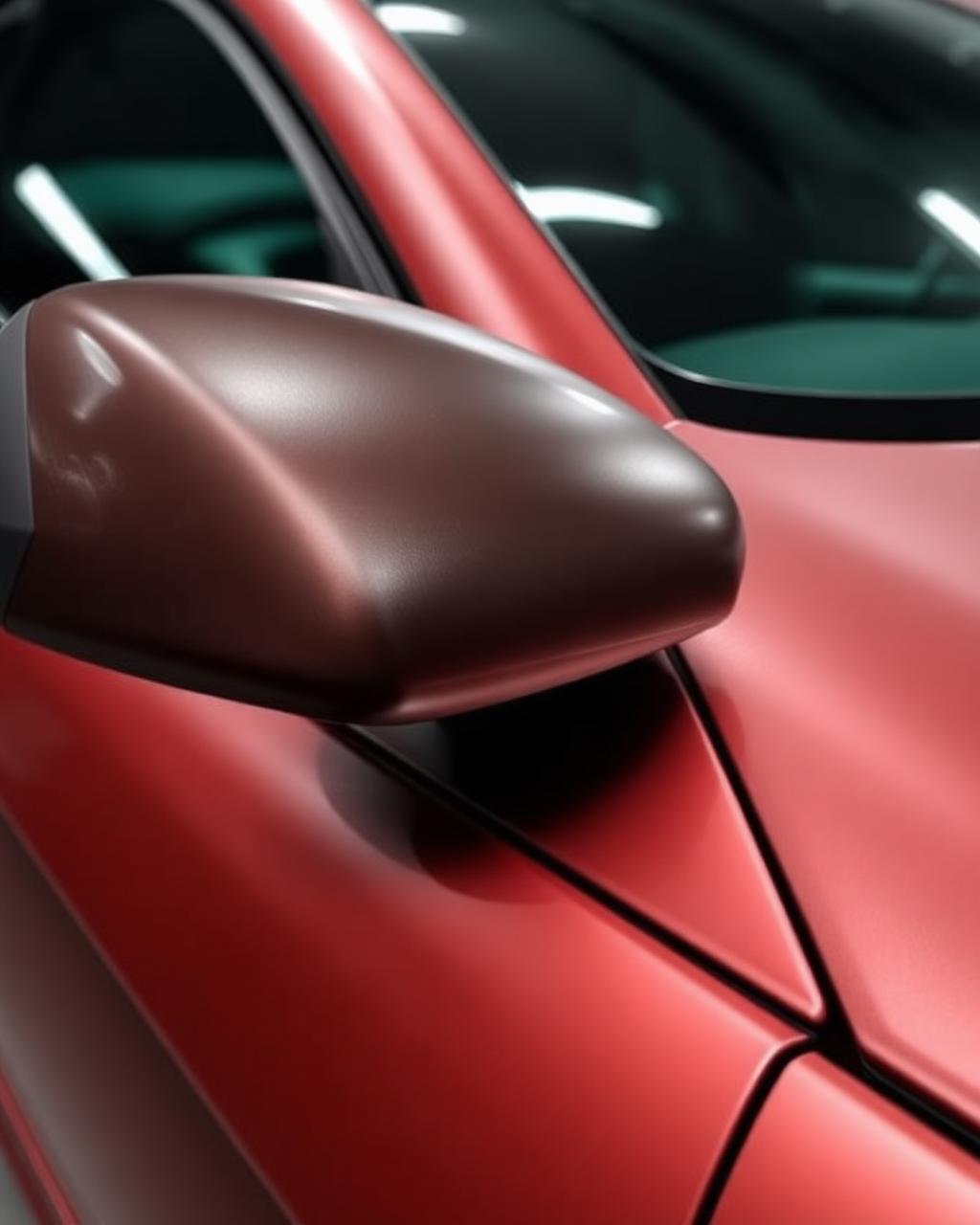 Close-up of a perfectly wrapped mirror cap and door edge on a satin red car